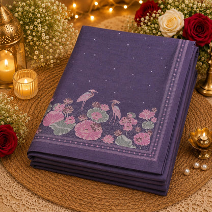 Purple Tussar Boutique Saree with Lotus Pond & Heron Floral Artistic Border