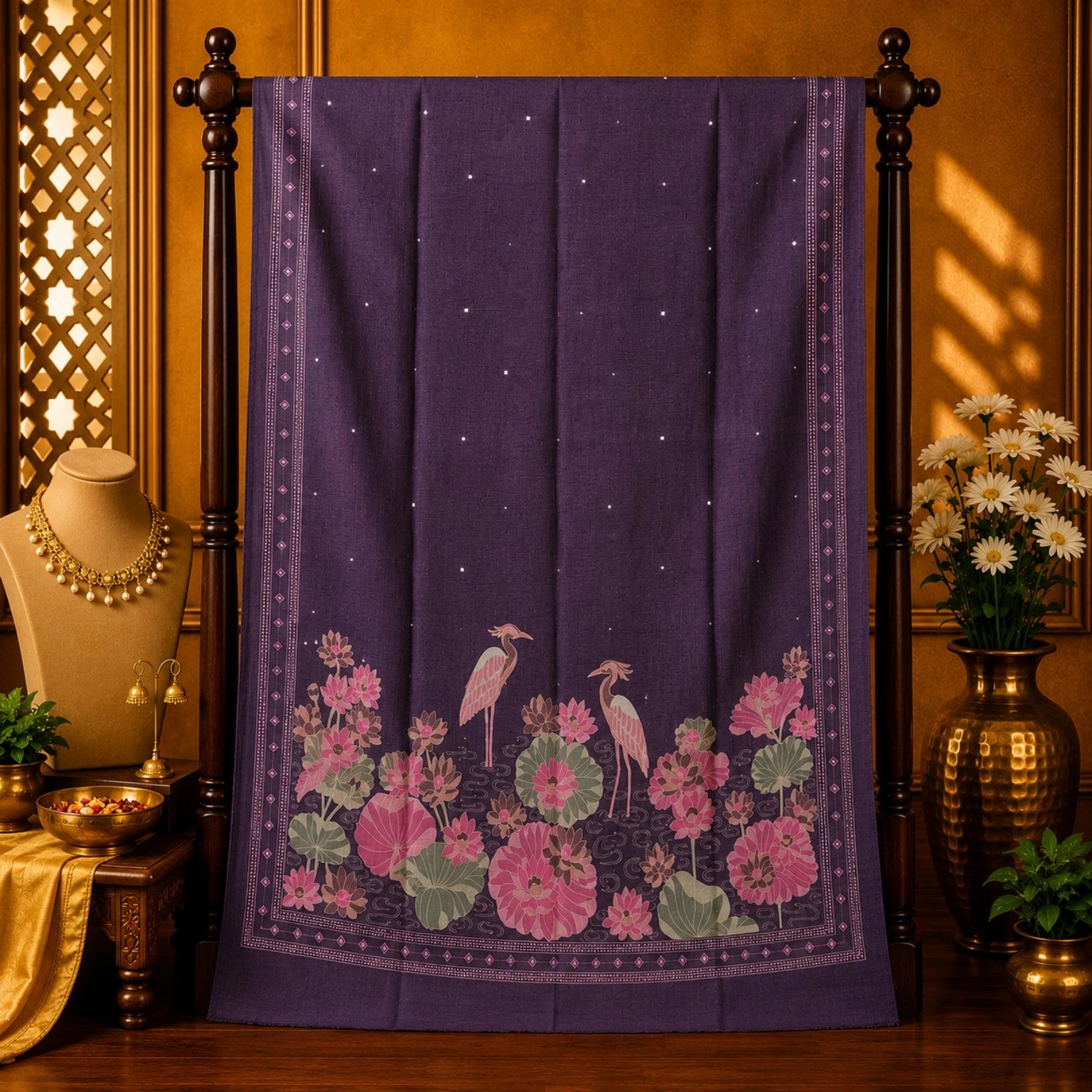 Purple Tussar Boutique Saree with Lotus Pond & Heron Floral Artistic Border