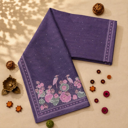 Purple Tussar Boutique Saree with Lotus Pond & Heron Floral Artistic Border
