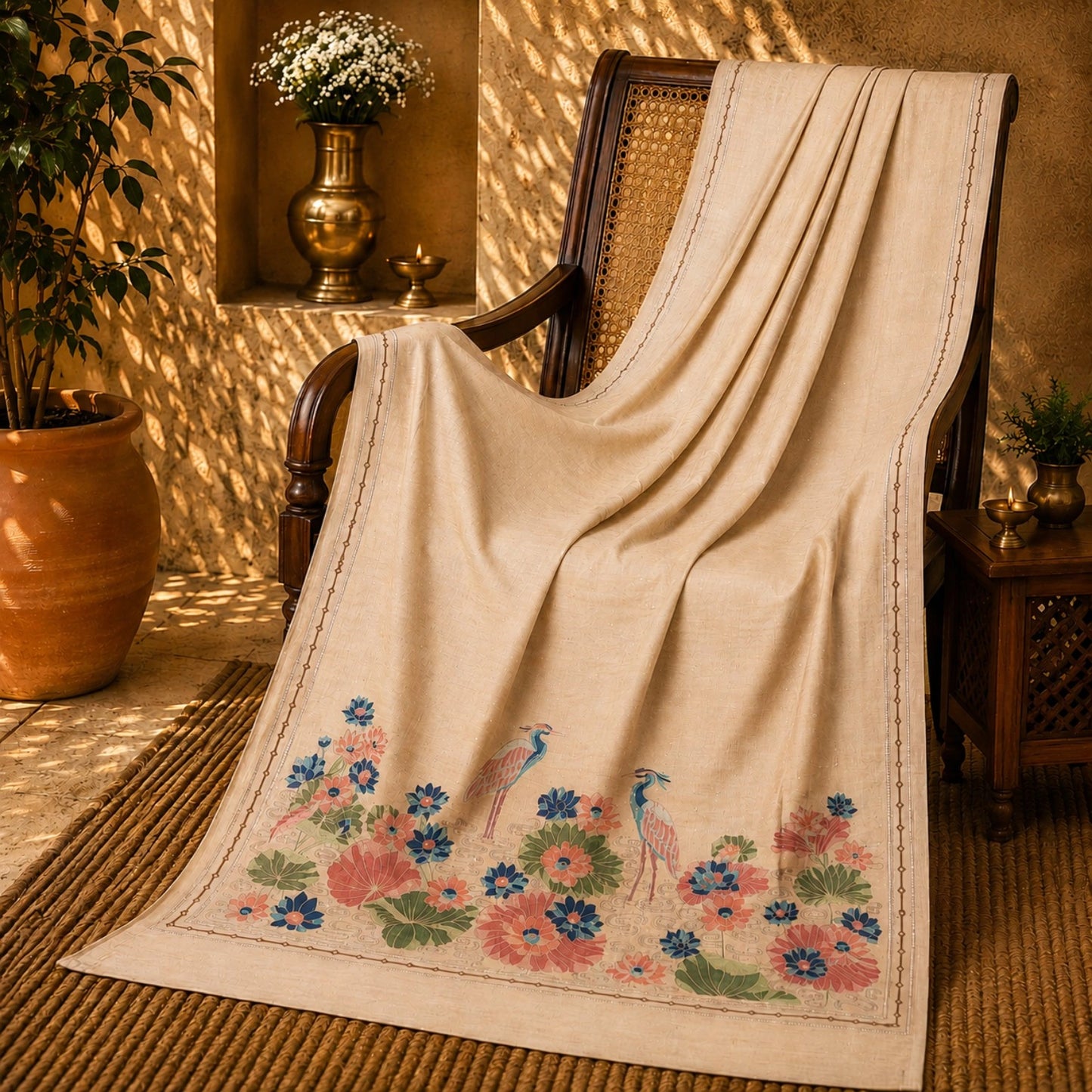 Ivory Tussar Boutique Saree with Floral Lotus & Heron Nature-Inspired Artistic Pallu