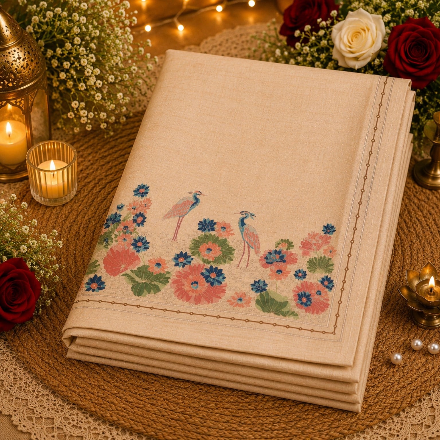 Ivory Tussar Boutique Saree with Floral Lotus & Heron Nature-Inspired Artistic Pallu