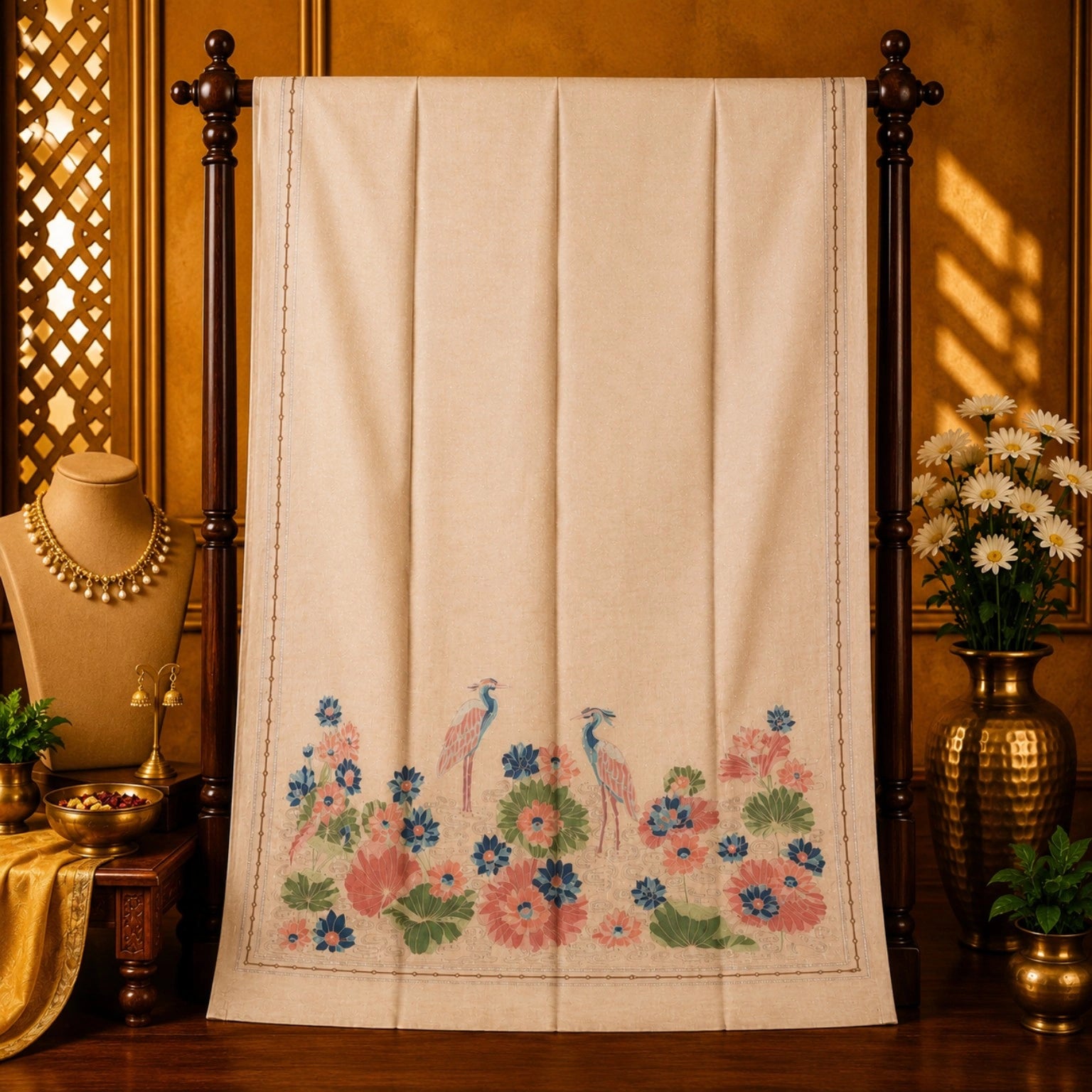 Ivory Tussar Boutique Saree with Floral Lotus & Heron Nature-Inspired Artistic Pallu