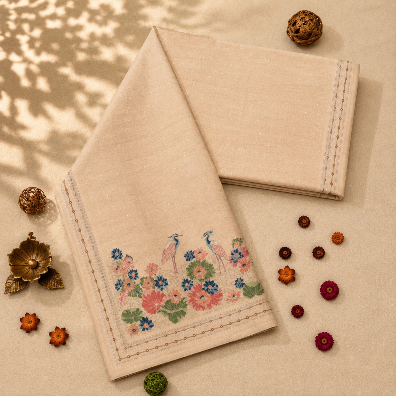 Ivory Tussar Boutique Saree with Floral Lotus & Heron Nature-Inspired Artistic Pallu