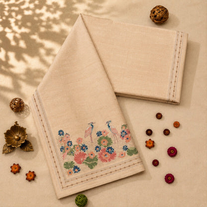 Ivory Tussar Boutique Saree with Floral Lotus & Heron Nature-Inspired Artistic Pallu