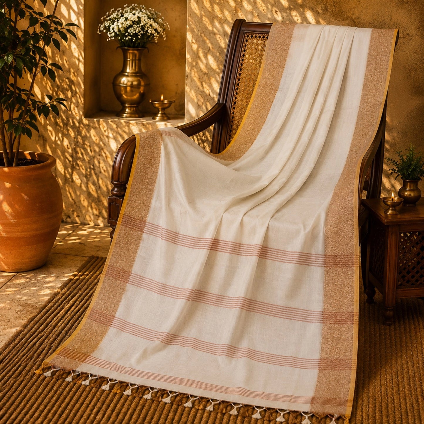 Off White Kerala Cotton Arnapally Saree with Beige Woven Border and Striped Pallu