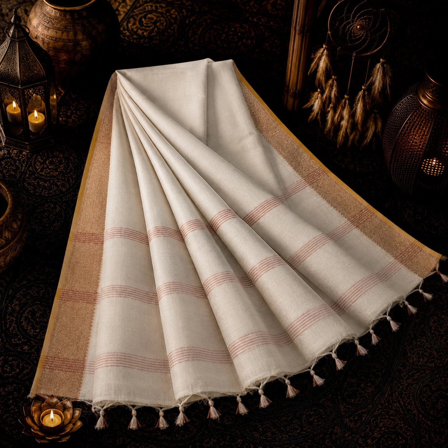 Off White Kerala Cotton Arnapally Saree with Beige Woven Border and Striped Pallu