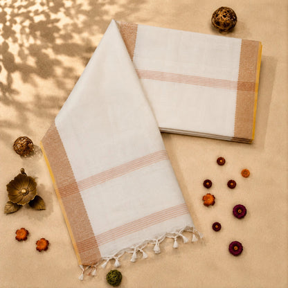 Off White Kerala Cotton Arnapally Saree with Beige Woven Border and Striped Pallu