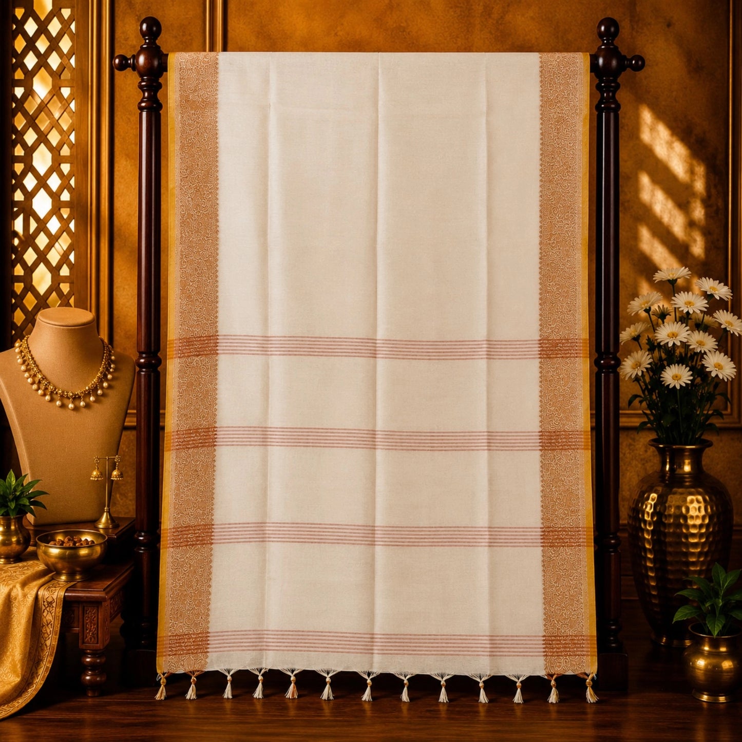 Off White Kerala Cotton Arnapally Saree with Beige Woven Border and Striped Pallu