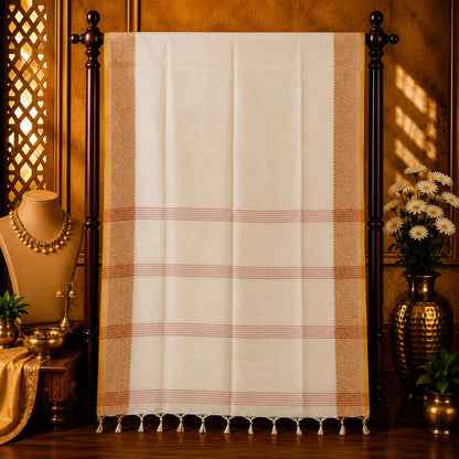 Off White Kerala Cotton Arnapally Saree with Beige Woven Border and Striped Pallu