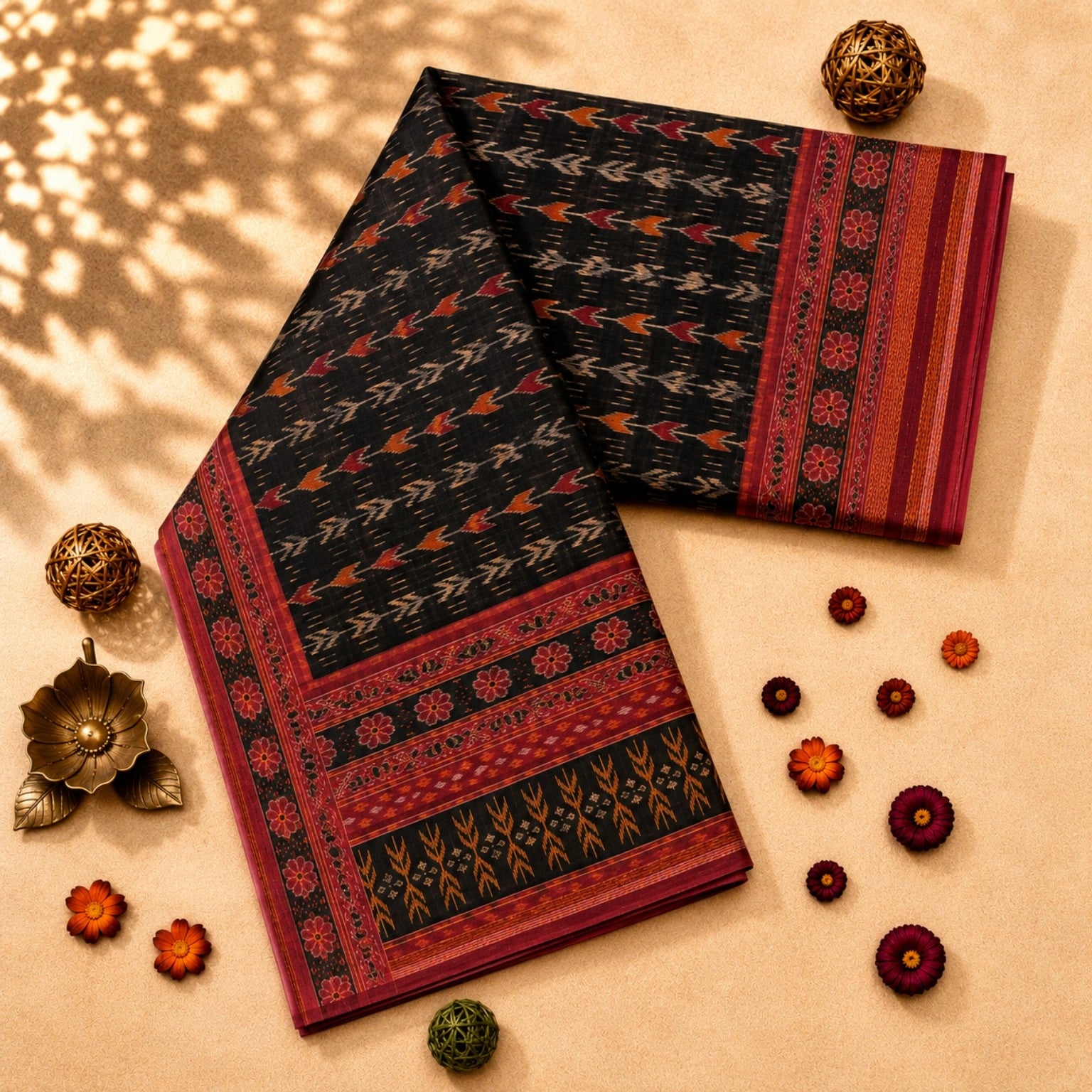 Black Chanderi Cotton Saree with Ikat-Inspired Woven Motifs & Maroon Floral Border
