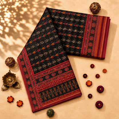 Black Chanderi Cotton Saree with Ikat-Inspired Woven Motifs & Maroon Floral Border