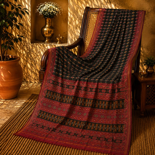 Black Chanderi Cotton Saree with Ikat-Inspired Woven Motifs & Maroon Floral Border