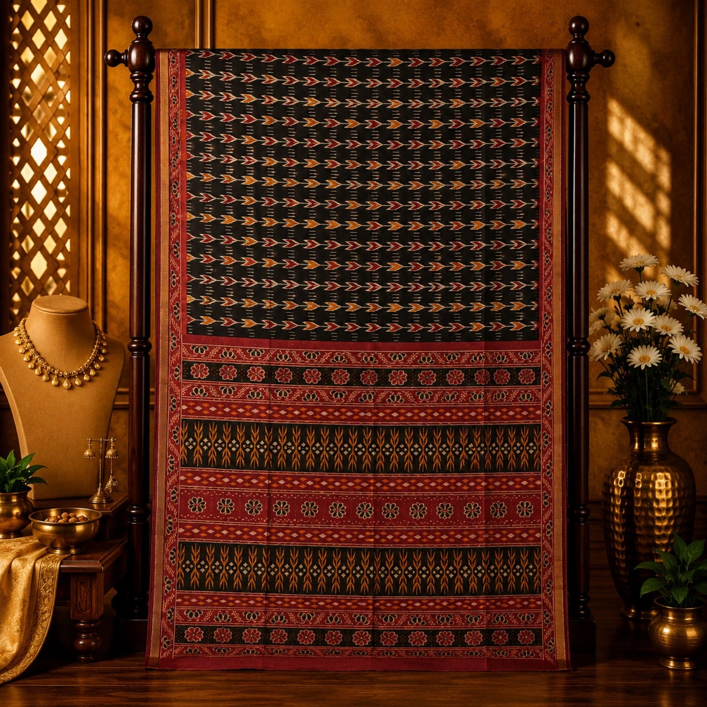 Black Chanderi Cotton Saree with Ikat-Inspired Woven Motifs & Maroon Floral Border