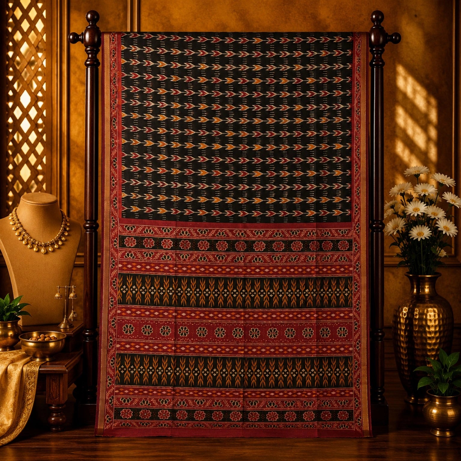 Black Chanderi Cotton Saree with Ikat-Inspired Woven Motifs & Maroon Floral Border