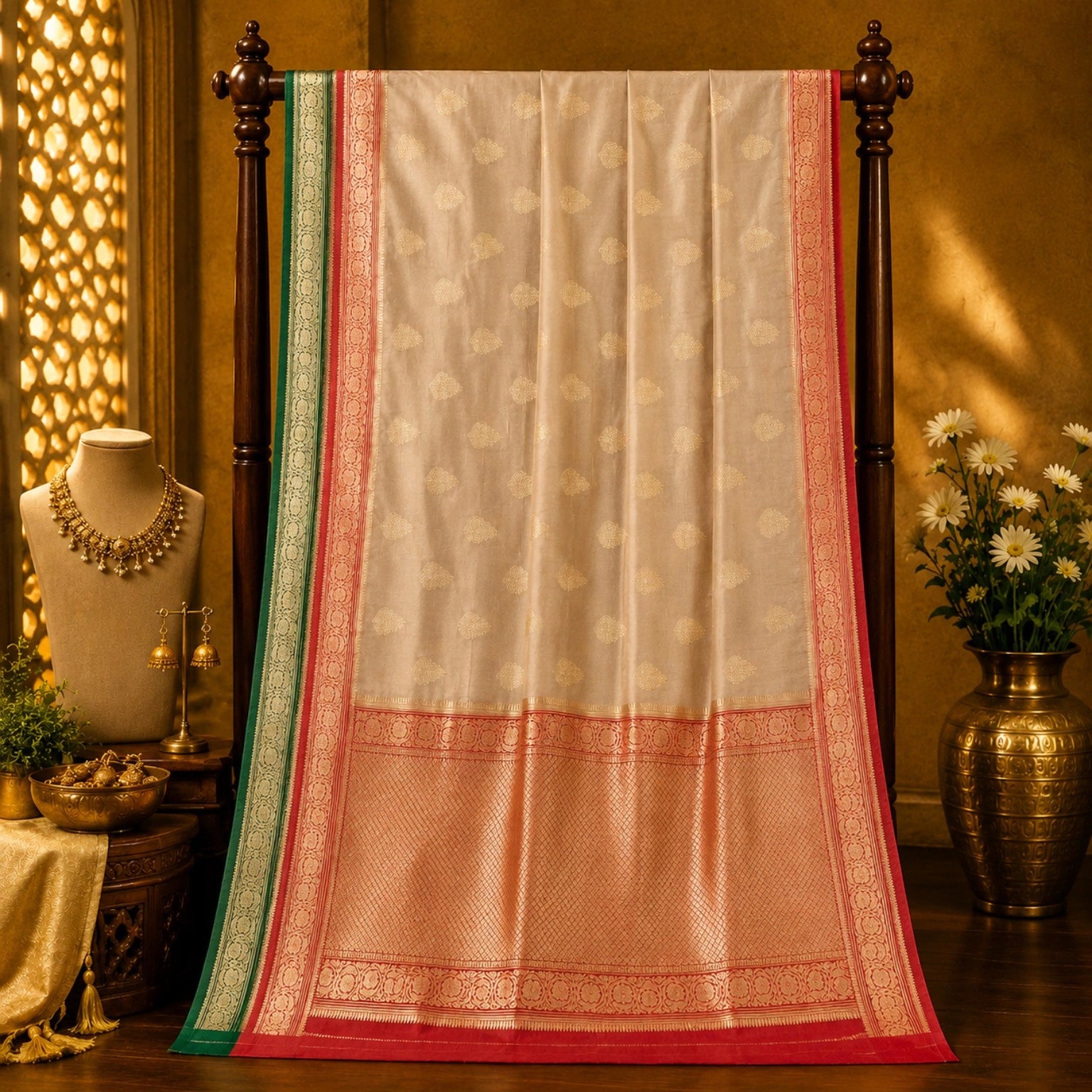 Beige Khaddi Banarasi Crepe Silk Saree with Gold Buti, Red Zari Border & Green Contrast Edge
