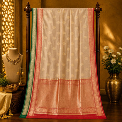 Beige Khaddi Banarasi Crepe Silk Saree with Gold Buti, Red Zari Border & Green Contrast Edge