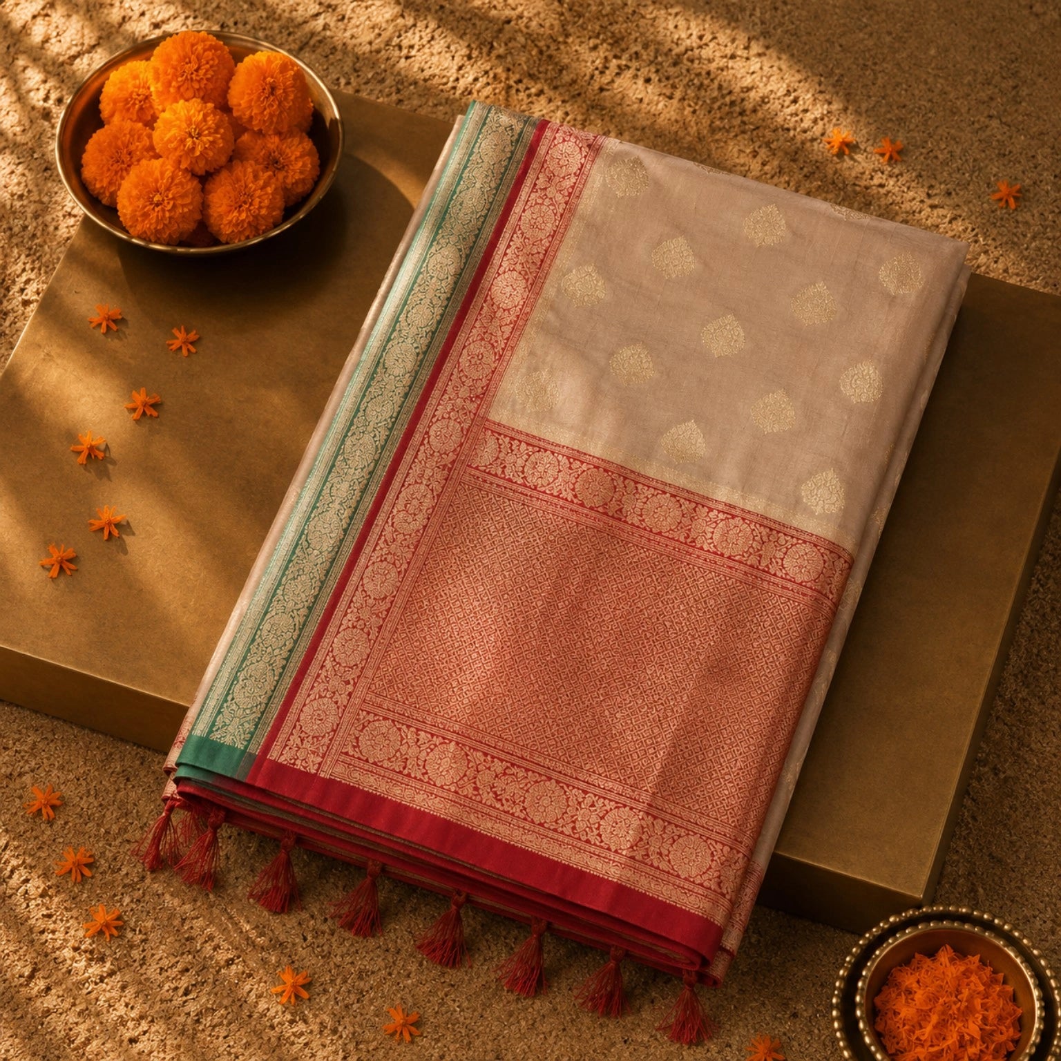 Beige Khaddi Banarasi Crepe Silk Saree with Gold Buti, Red Zari Border & Green Contrast Edge