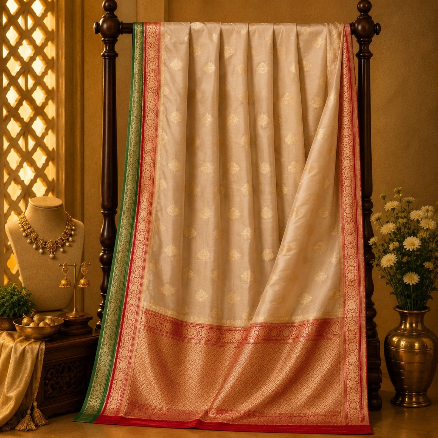 Beige Khaddi Banarasi Crepe Silk Saree with Gold Buti, Red Zari Border & Green Contrast Edge
