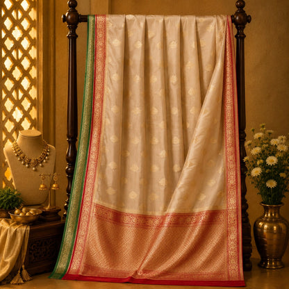Beige Khaddi Banarasi Crepe Silk Saree with Gold Buti, Red Zari Border & Green Contrast Edge
