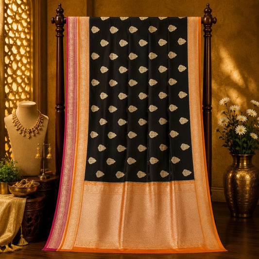 Black Khaddi Banarasi Crepe Silk Saree with Gold Zari Buti and Dual-Tone Zari Border