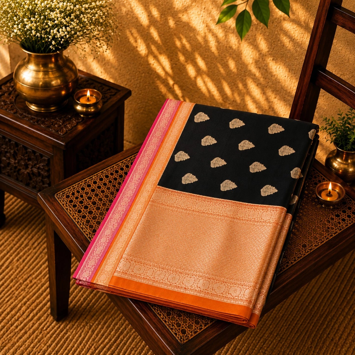 Black Khaddi Banarasi Crepe Silk Saree with Gold Zari Buti and Dual-Tone Zari Border