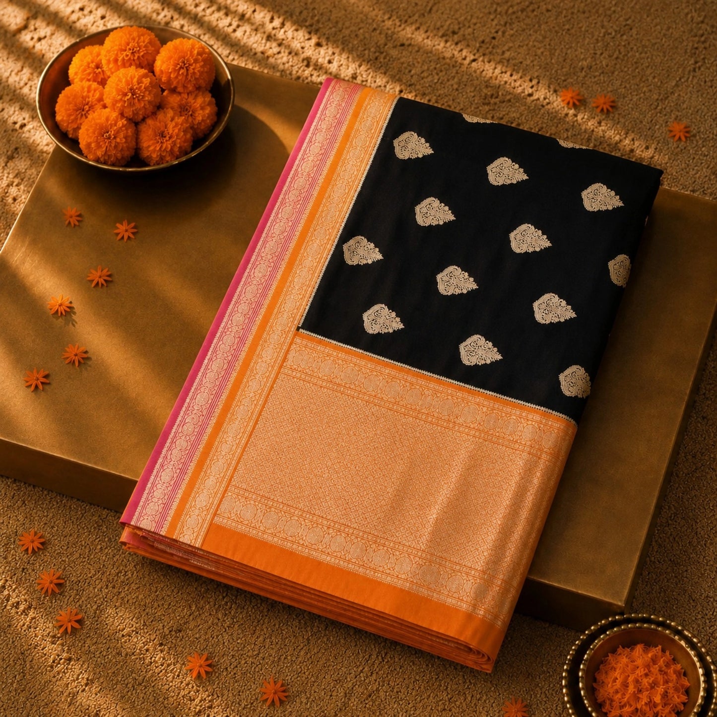 Black Khaddi Banarasi Crepe Silk Saree with Gold Zari Buti and Dual-Tone Zari Border