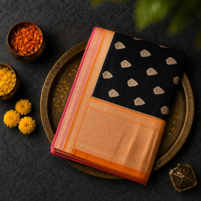 Black Khaddi Banarasi Crepe Silk Saree with Gold Zari Buti and Dual-Tone Zari Border
