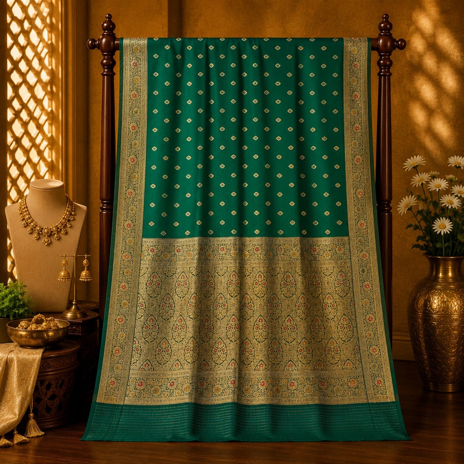 Emerald Green Katan Paithani Silk Minakari Saree with Gold Zari Floral Border & Traditional Woven Pallu