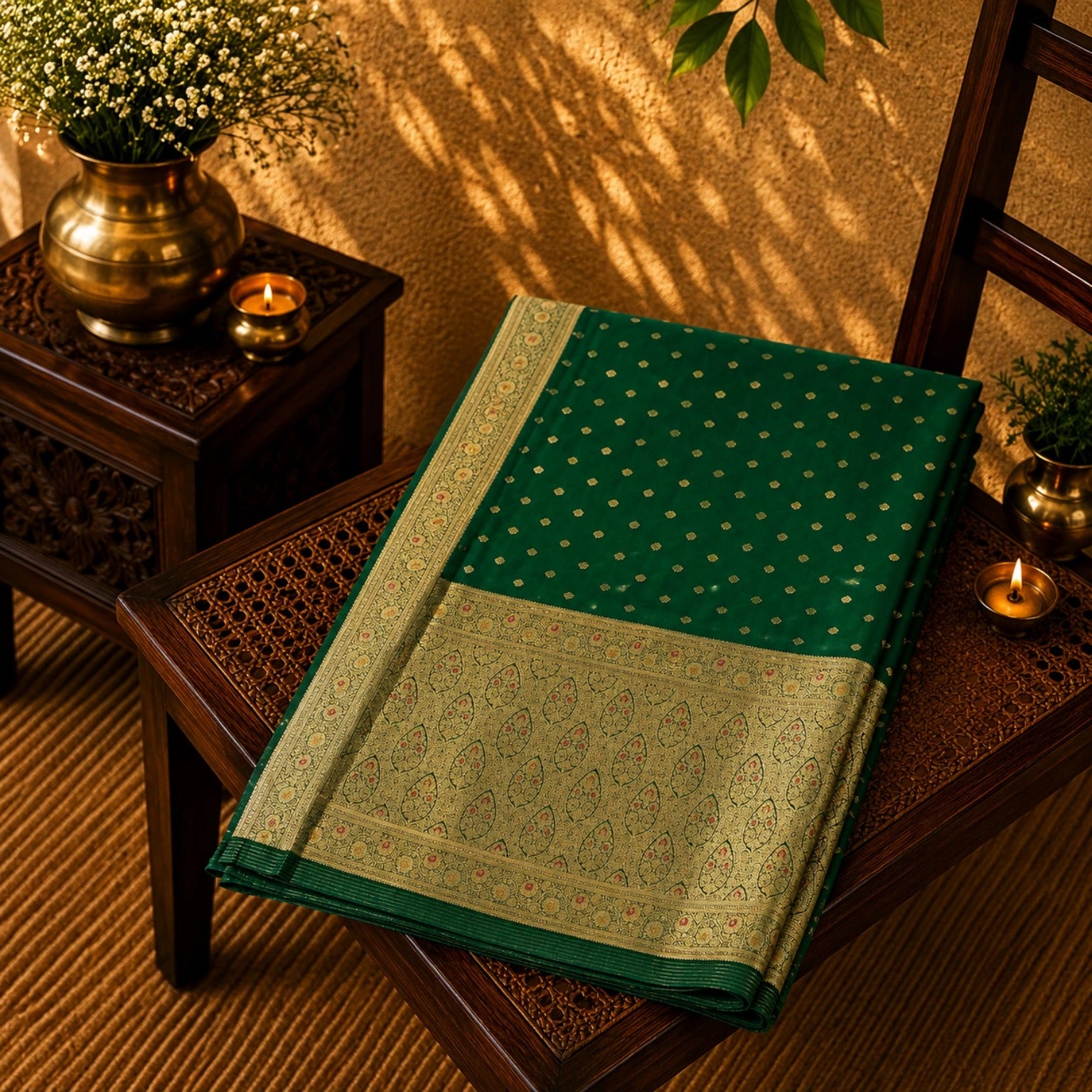 Emerald Green Katan Paithani Silk Minakari Saree with Gold Zari Floral Border & Traditional Woven Pallu