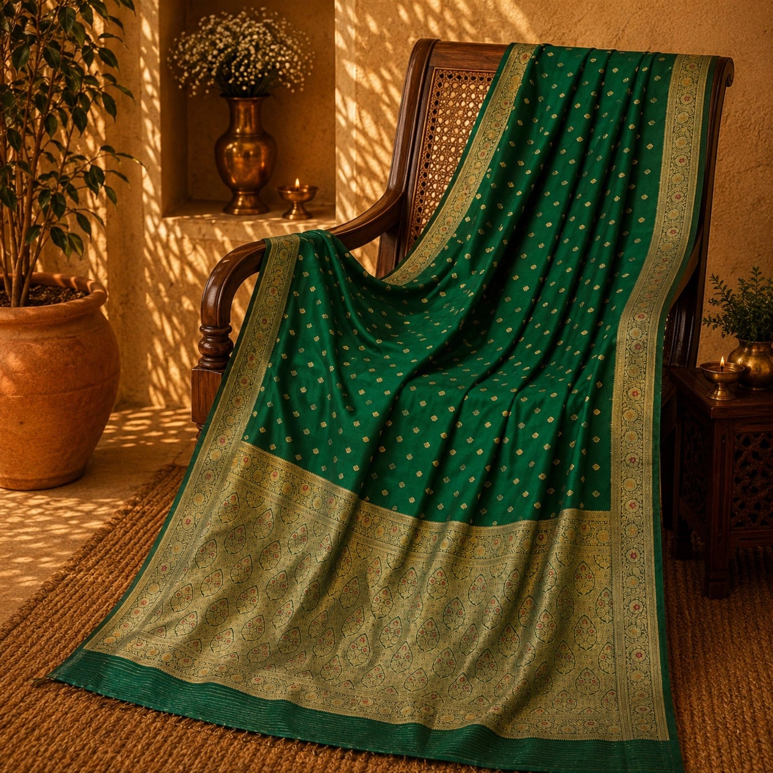 Emerald Green Katan Paithani Silk Minakari Saree with Gold Zari Floral Border & Traditional Woven Pallu
