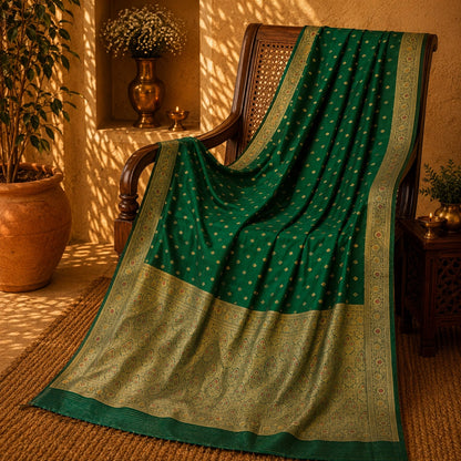 Emerald Green Katan Paithani Silk Minakari Saree with Gold Zari Floral Border & Traditional Woven Pallu