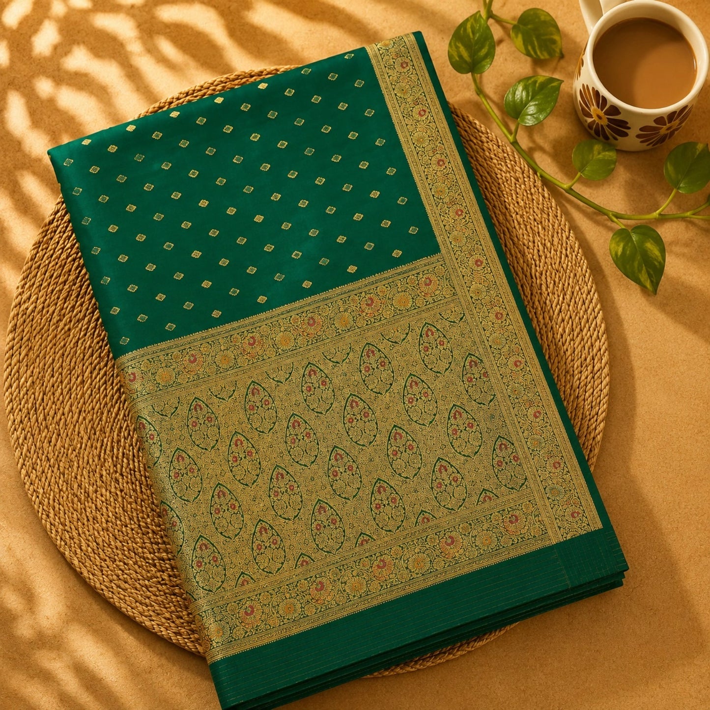 Emerald Green Katan Paithani Silk Minakari Saree with Gold Zari Floral Border & Traditional Woven Pallu