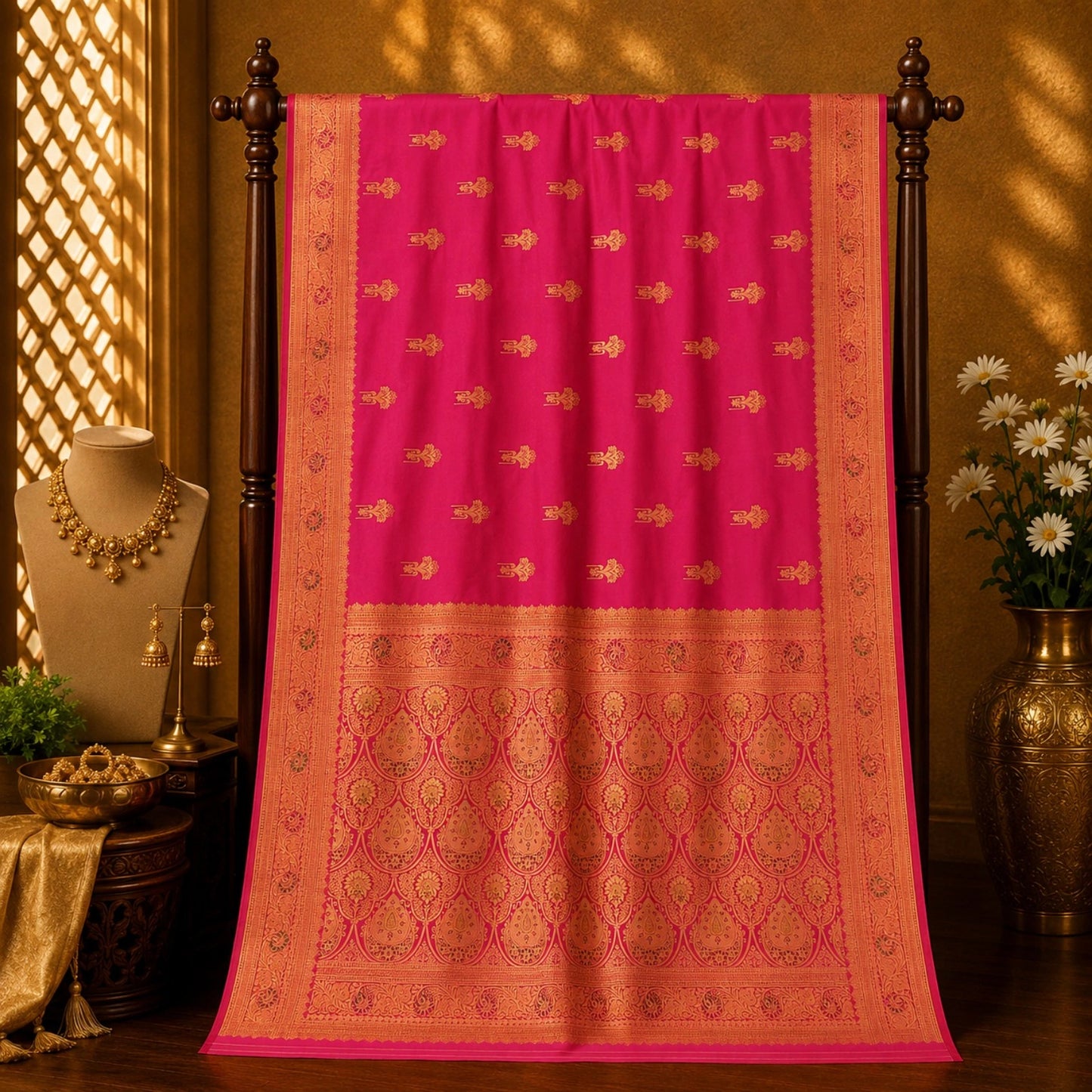 Pink Semi Katan Kanjivaram Silk Saree with Gold Zari Butti & Ornate Heritage Pallu