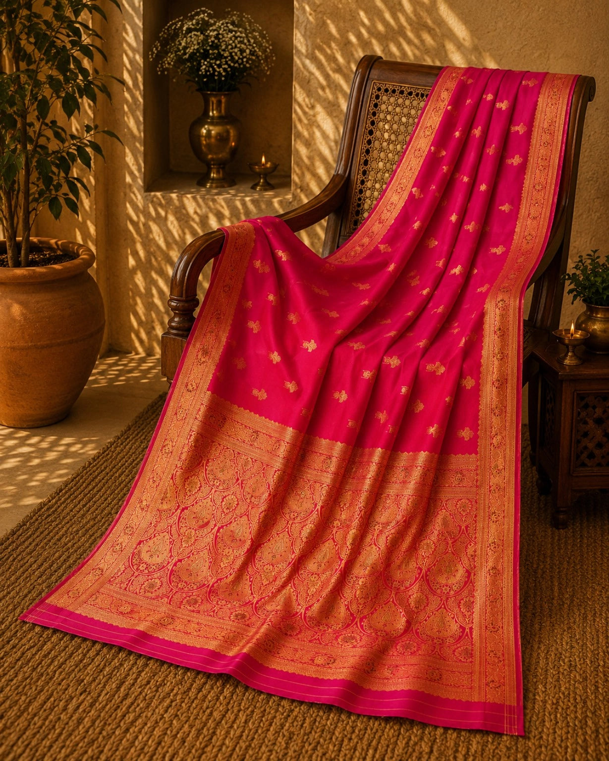 Pink Semi Katan Kanjivaram Silk Saree with Gold Zari Butti & Ornate Heritage Pallu