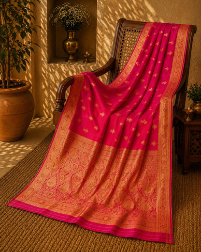Pink Semi Katan Kanjivaram Silk Saree with Gold Zari Butti & Ornate Heritage Pallu