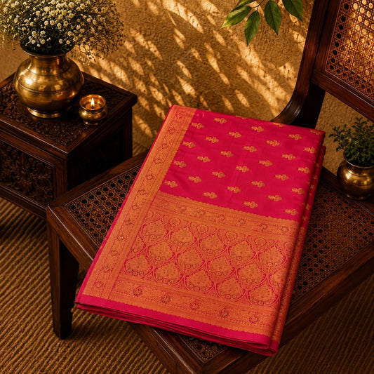 Pink Semi Katan Kanjivaram Silk Saree with Gold Zari Butti & Ornate Heritage Pallu