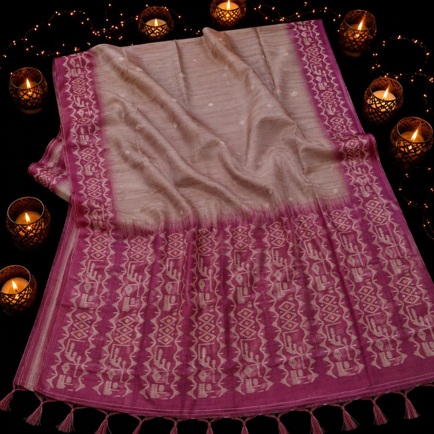 Dusty Rose Semi Tussar Jamdani Saree with Magenta Woven Tribal Border & Tassel Pallu