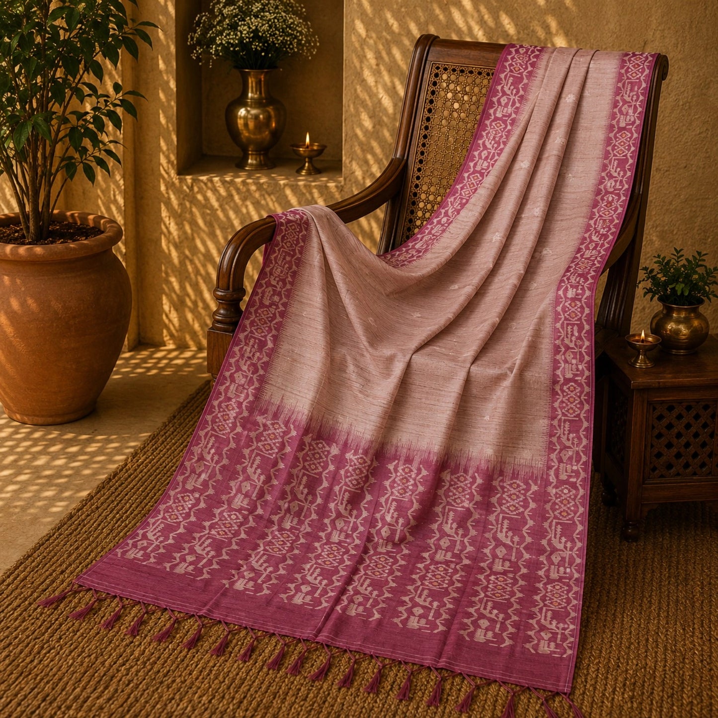 Dusty Rose Semi Tussar Jamdani Saree with Magenta Woven Tribal Border & Tassel Pallu
