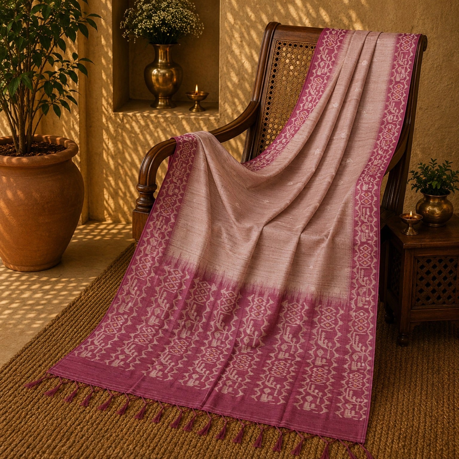 Dusty Rose Semi Tussar Jamdani Saree with Magenta Woven Tribal Border & Tassel Pallu