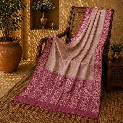 Dusty Rose Semi Tussar Jamdani Saree with Magenta Woven Tribal Border & Tassel Pallu