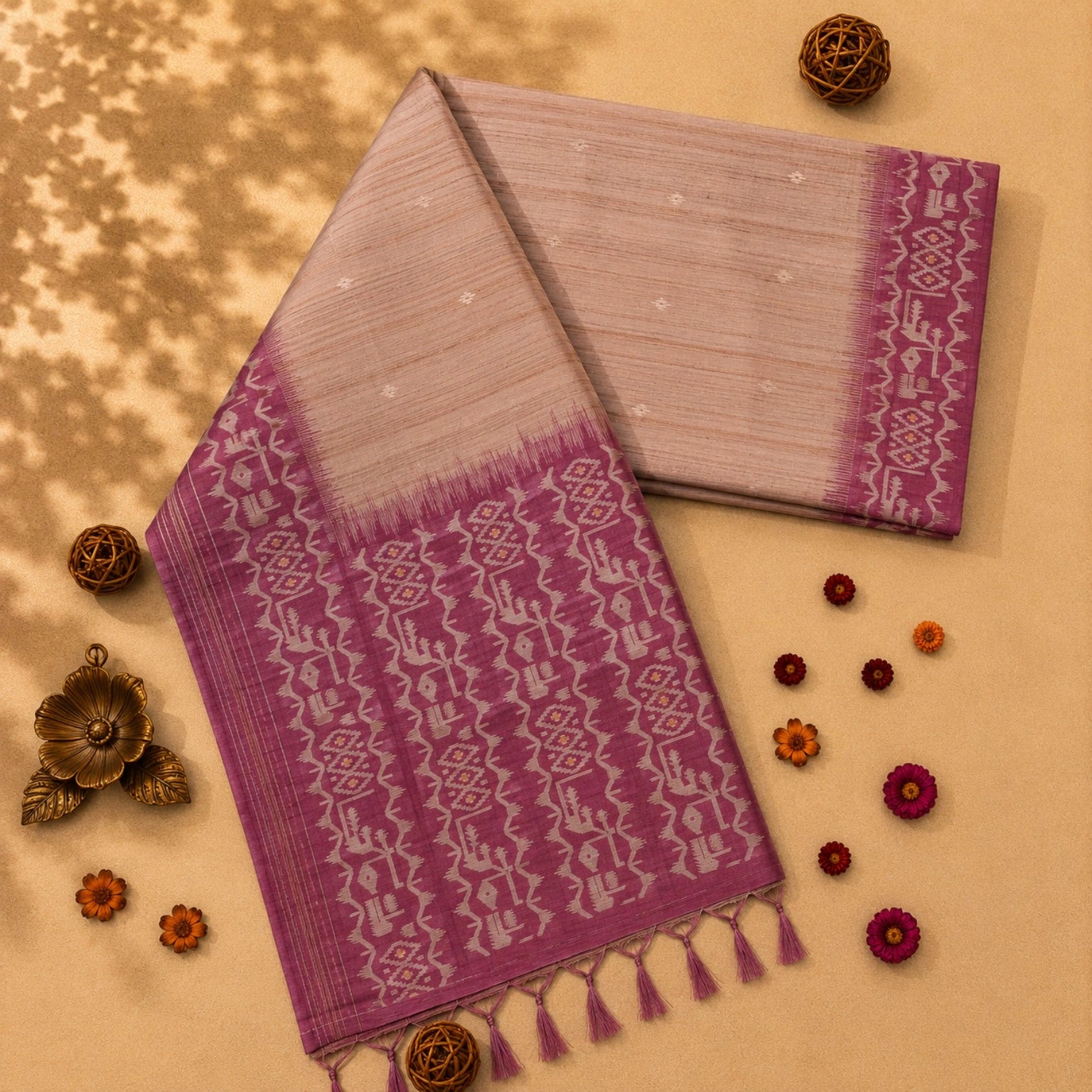 Dusty Rose Semi Tussar Jamdani Saree with Magenta Woven Tribal Border & Tassel Pallu