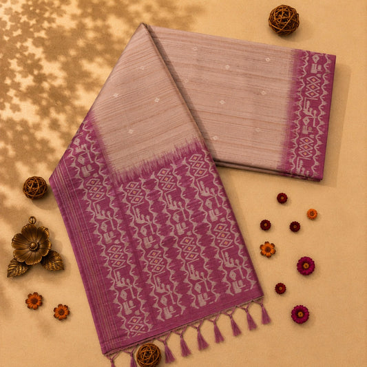 Dusty Rose Semi Tussar Jamdani Saree with Magenta Woven Tribal Border & Tassel Pallu