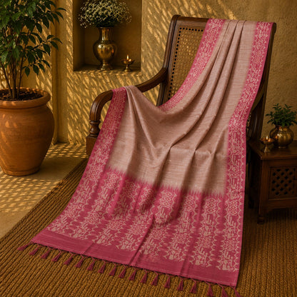 Blush Pink Semi Tussar Jamdani Saree with Woven Tribal Motif Border and Artistic Pallu