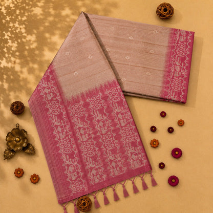 Blush Pink Semi Tussar Jamdani Saree with Woven Tribal Motif Border and Artistic Pallu