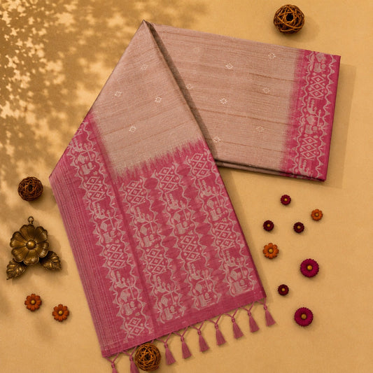 Blush Pink Semi Tussar Jamdani Saree with Woven Tribal Motif Border and Artistic Pallu