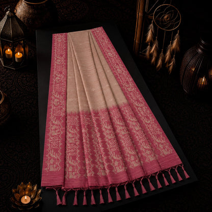 Blush Pink Semi Tussar Jamdani Saree with Woven Tribal Motif Border and Artistic Pallu
