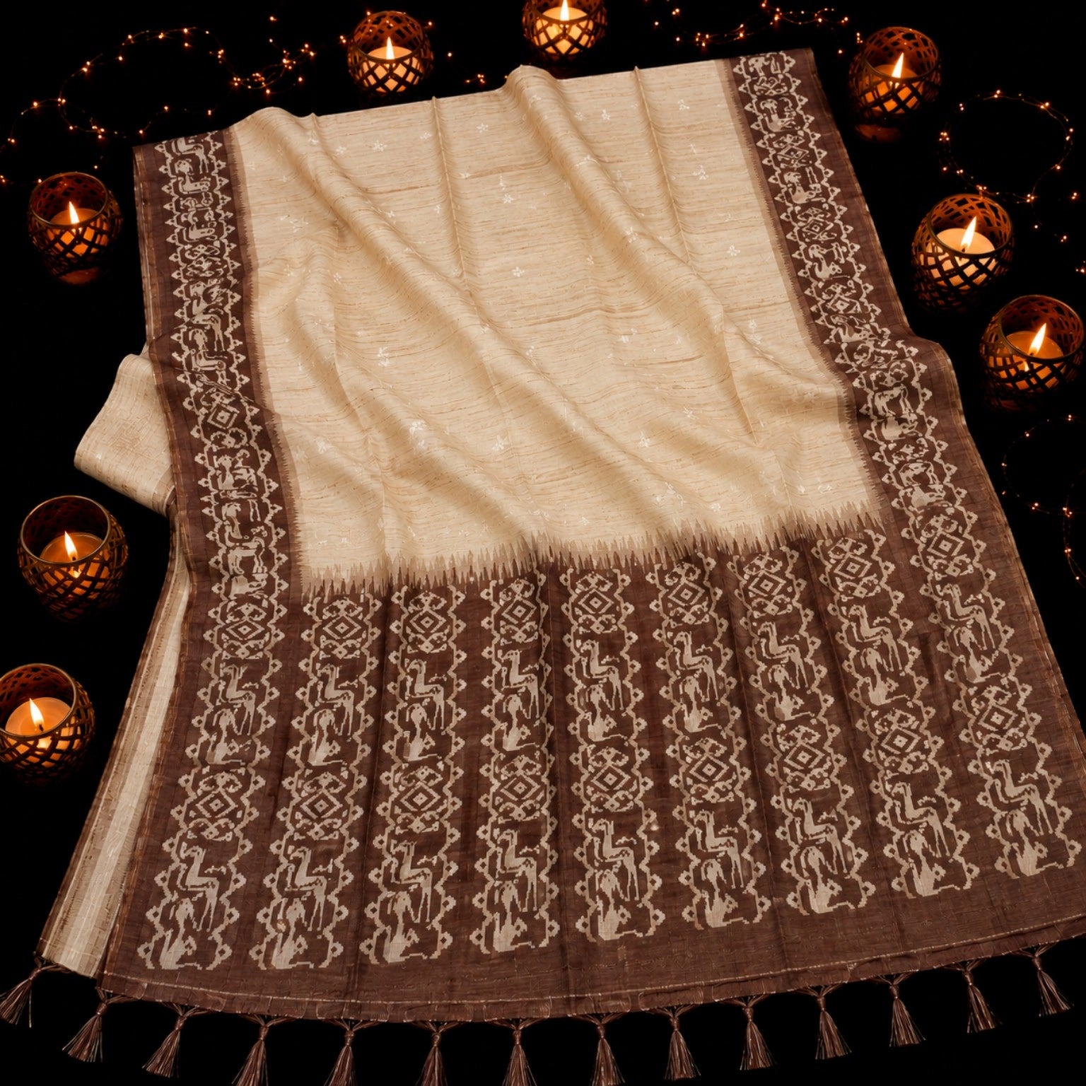 Cream Semi Tussar Jamdani Saree with Brown Woven Tribal Motif Border and Tassel Pallu