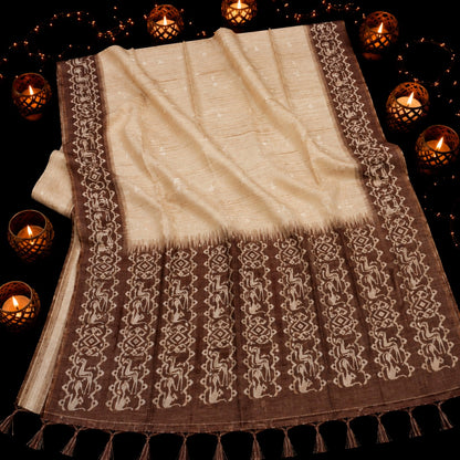 Cream Semi Tussar Jamdani Saree with Brown Woven Tribal Motif Border and Tassel Pallu