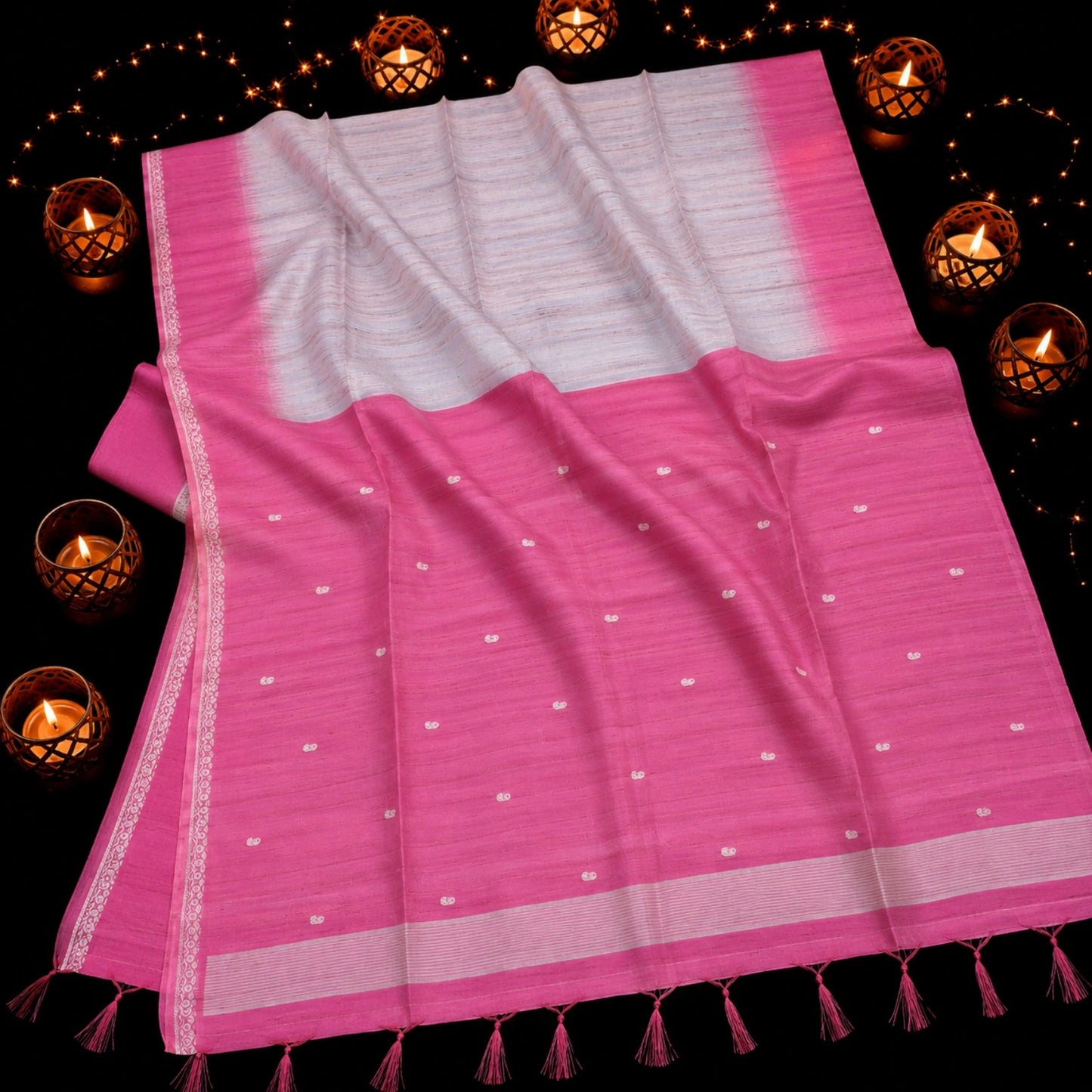 Pink Semi Tussar Jamdani Saree with Off-White Pallu and Delicate Buti Weaving