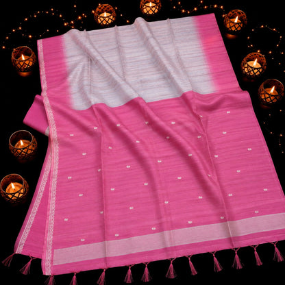 Pink Semi Tussar Jamdani Saree with Off-White Pallu and Delicate Buti Weaving